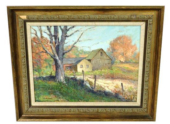 Gershon Camassar comparable auction result: gershon camassar connecticut 1908 1995 barns in weston vermont oil on canvas board signed ll depict a curving fence line