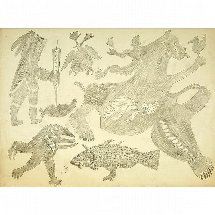 Kaka Ashoona comparable auction result: kaka ashoona 1928 1996 spirits and hunter graphite drawing unframed 18 x 24 in 45 7 x 61 cm