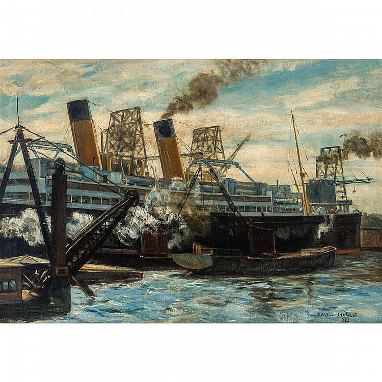 Adrien Hebert comparable auction result: adrien h bert r c a le vieux port montr al 1926 oil on canvas 25 ins x 36 ins 63 5 cms x 91 4 cms