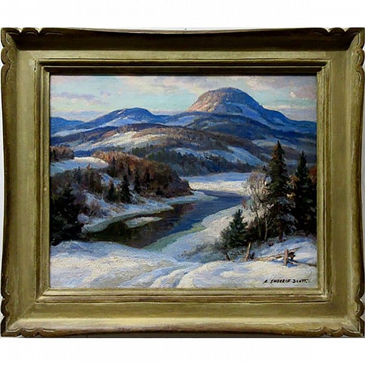 Adam Sheriff Scott comparable auction result: adam sheriff scott canadian 1887 1980 tewkesbury p q jacques cartier river oil on canvas signed lower right titled to frame verso 16 x 20 in 40 6 x 50 8 cm
