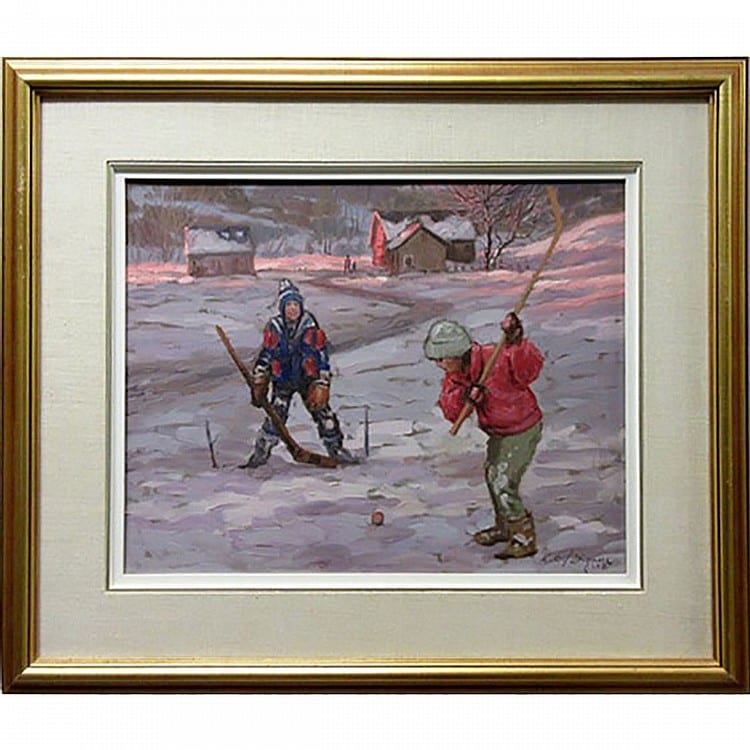 Littorio DelSignore comparable auction result: littorio del signore canadian 1938 hockey avec la petite soeur oil on canvas signed lower right signed titled and dated 88 verso 16 x 20 in 40 6 x 50 8 cm
