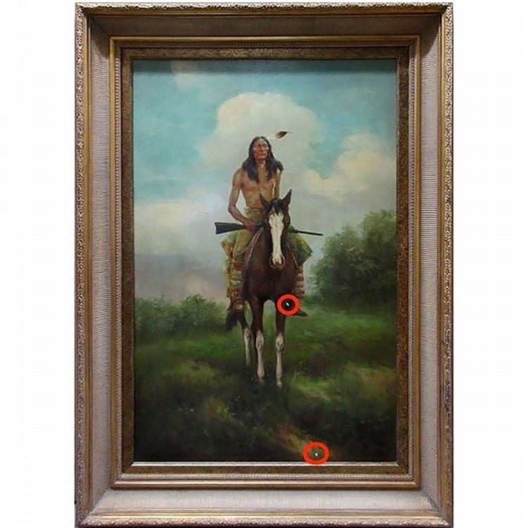 TROY DENTON (AMERICAN, 1948-), UNTITLED (WARRIOR ON HORSEBACK), OIL ON CANVAS; SIGNED LOWER RIGHT (Note: Two small paint loss spots), 36 x 24 in — 91.4 x 61 cm sold by Waddington's, lot 237 — auction record photograph