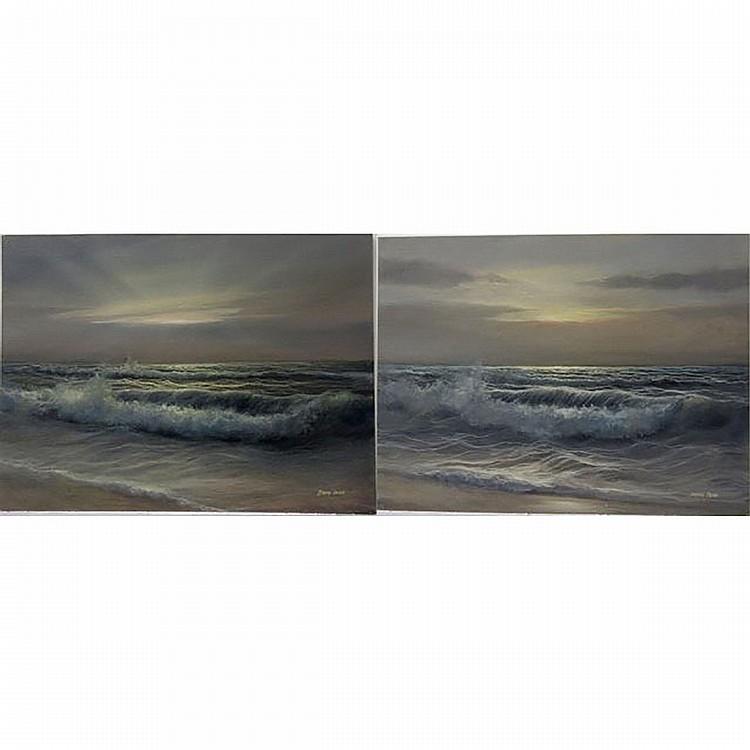David Jean comparable auction result: david jean canadian 1938 rolling waves at dusk pair of oils on canvas board each signed unframed each 12 x 16 in 30 5 x 40 6 cm