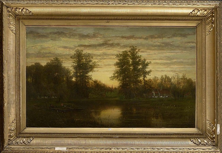 Jozef van Luppen comparable auction result: huile sur toile maroufl e sur toile paysage lacustre anim au cr puscule sign en bas droite joseph van luppen ecole belge dim 78 5x134cm