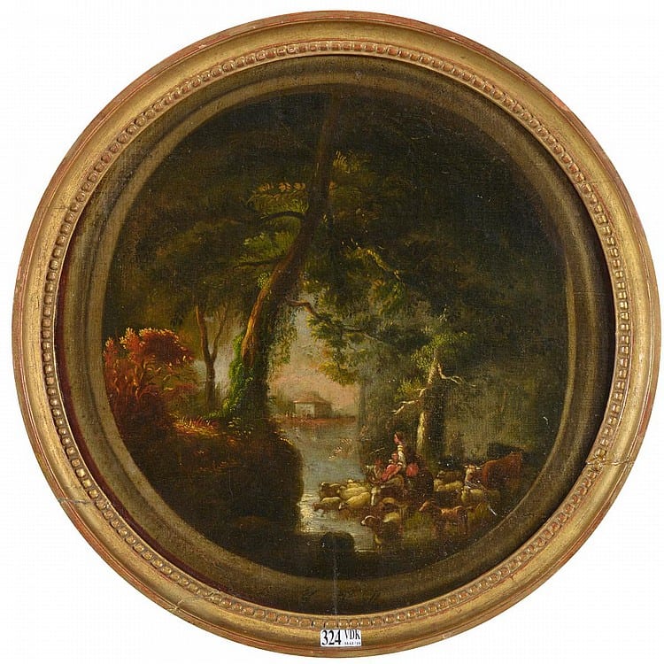 huile sur papier maroufl sur panneau de ch ne circulaire berg re et son troupeau traversant la rivi re sign en bas au milieu marillier epoque xviii me diam 36cm · Vanderkindere · 2018-05-30 Clément Pierre Marillier comparable auction result: huile sur papier maroufl sur panneau de ch ne circulaire berg re et son troupeau traversant la rivi re sign en bas au milieu marillier epoque xviii me diam 36cm