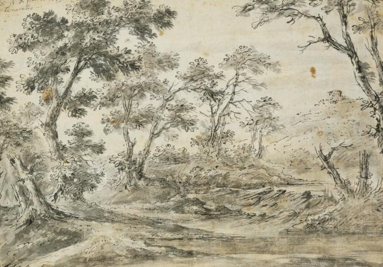 Domenico Gargiulo comparable auction result: domenico gargiulo called micco spadaro view from a neapolitan forest unsigned dated tenerello a di 13 di febraro 1649 sheet size 215 x 310 mm