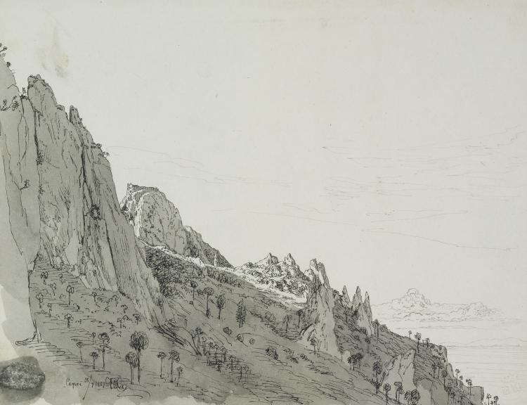 Vilhelm Kyhn comparable auction result: vilhelm kyhn cliffs at anacapri signed with monogram and dated vk capri 18 4 1851 inscribed verso drawing ink and wash on paper sheet size 216 x 276 mm