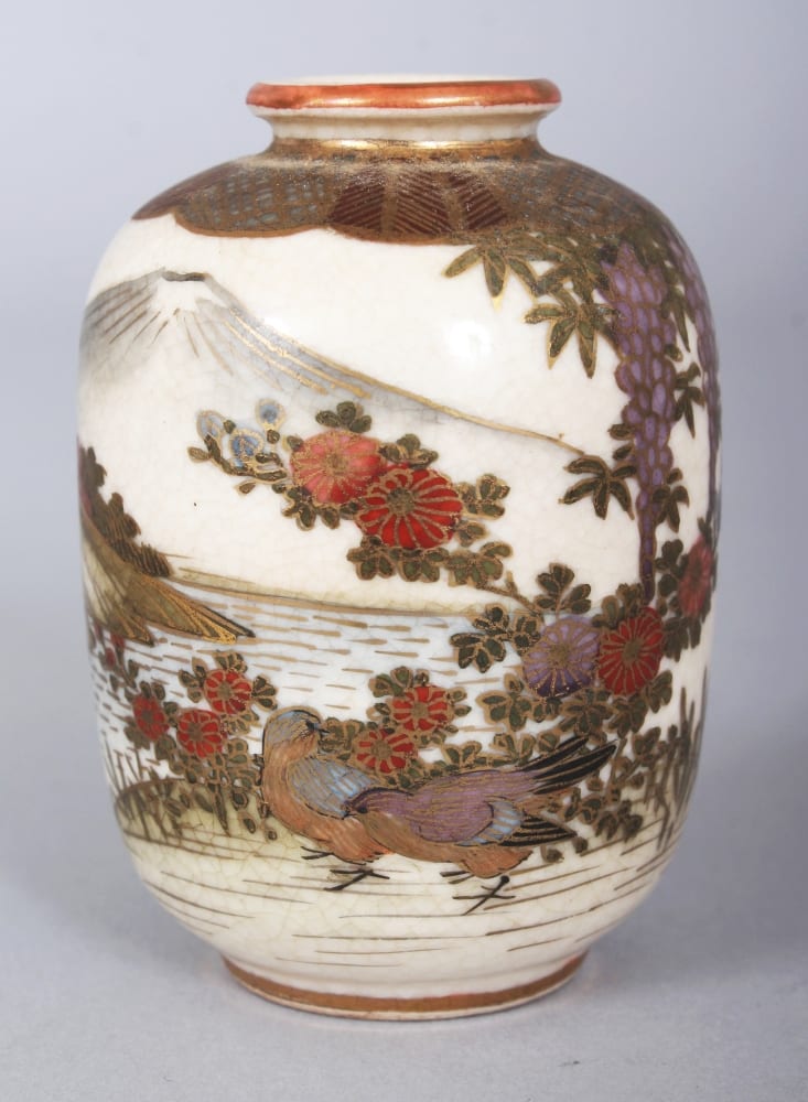 AN EARLY 20TH CENTURY JAPANESE SATSUMA MINIATURE EARTHENWARE VASE, the base with a makers mark, 2.5in high. sold by John Nicholson's Fine Art Auctioneers & Valuers, lot 169 — auction record photograph