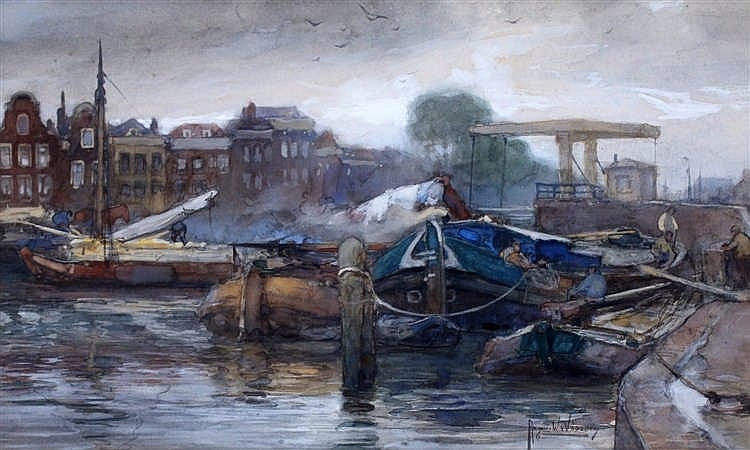 August Willem van Voorden comparable auction result: august willem van voorden 1881 1921 moored boats in delfshaven signed lower r