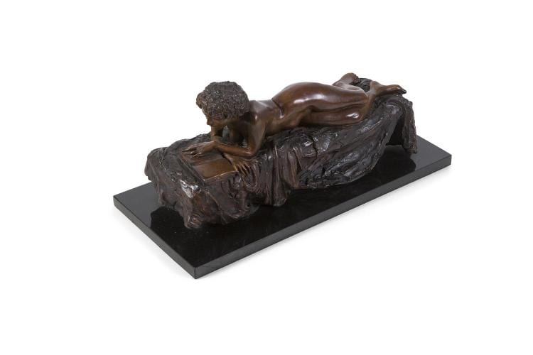 Paddy Campbell comparable auction result: paddy campbell b 1942 girl readingbronze 20cm high 44cm wide 17cm deep on a polished limestone basesigned with initials pc and dated 20 06
