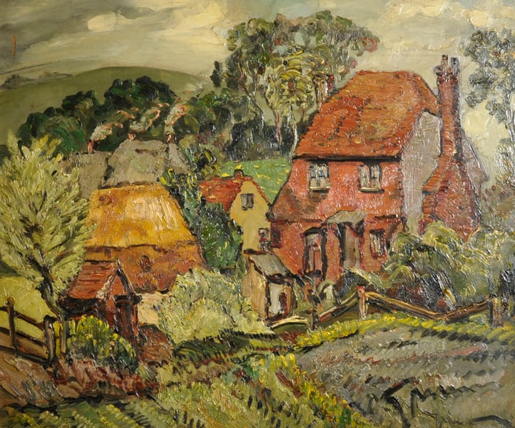 Stanley Grimm comparable auction result: stanley grimm 1891 1966 british alciston sussex study of cottages oil on board signed and signed inscribed and dated 1934 on reverse 20 x 24