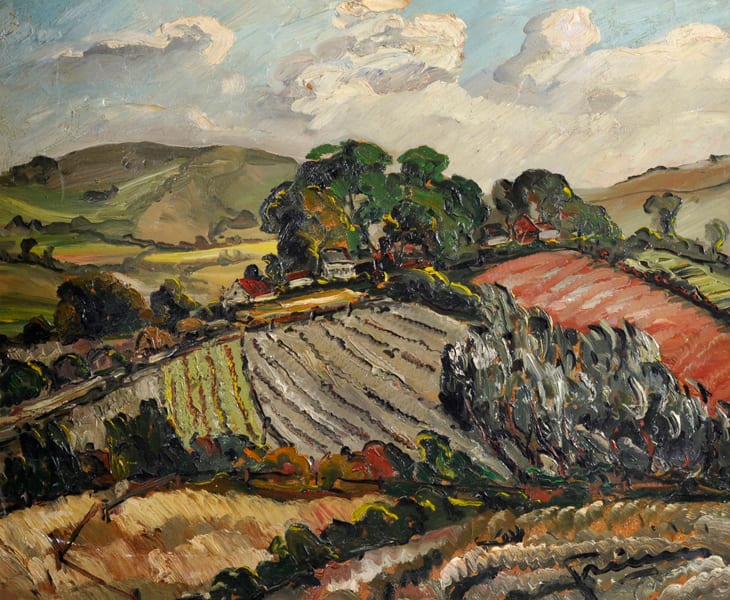 Stanley Grimm comparable auction result: stanley grimm 1891 1966 british alciston sussex an extensive landscape oil on board signed and signed inscribed and dated 1934 on reverse 20 x 24