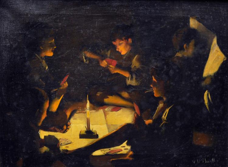 Frederick William Elwell comparable auction result: frederick william elwell 1870 1958 british urchins playing cards by candlelight oil on canvas with incised signature 16 x 21 5