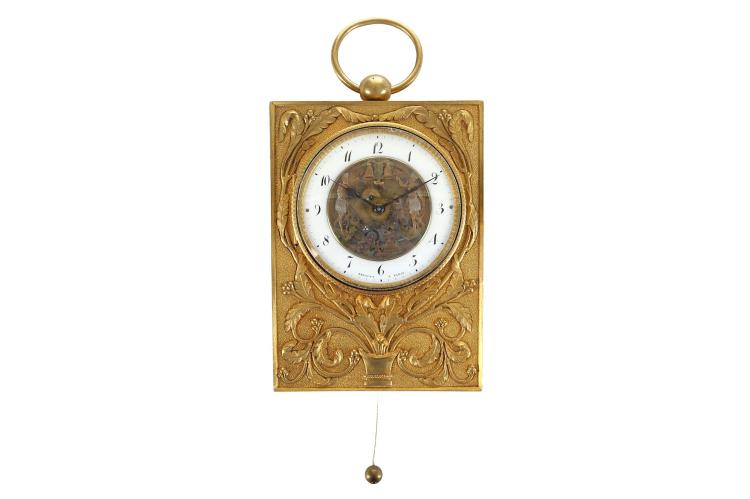 A FINE AND RARE EARLY 19TH CENTURY FRENCH GILT BRONZE SEDAN TYPE CLOCK WITH GRANDE SONNERIE PULL REPEAT AND AUTOMATON FIGURES BY BREGUET,  PARIS the case of rectangular form and surmounted by a ring handle, decorated with a cache pot emitting scrolling foliage flanking the dial, on a stippled ground, the engine turned bezel enclosing the Arabic white enamelled chapter ring, signed 'BREGUET A PARIS', the centre with skeletonised movement and a pair of gilt, silvered and polychrome decorated figures of noble savages 'au Bon Sauvage' each striking a decorative bell, when the pull repeat cord is activated, one strikes the hours, then both strike the quarters with a ting tang on each bell, once for quarter past, twice for half past and three times for quarter to the hour, 16.5cm high with handle down The movement is in working order but not fully tested or guaranteed. sold by Chiswick Auctions, lot 179 — auction record photograph