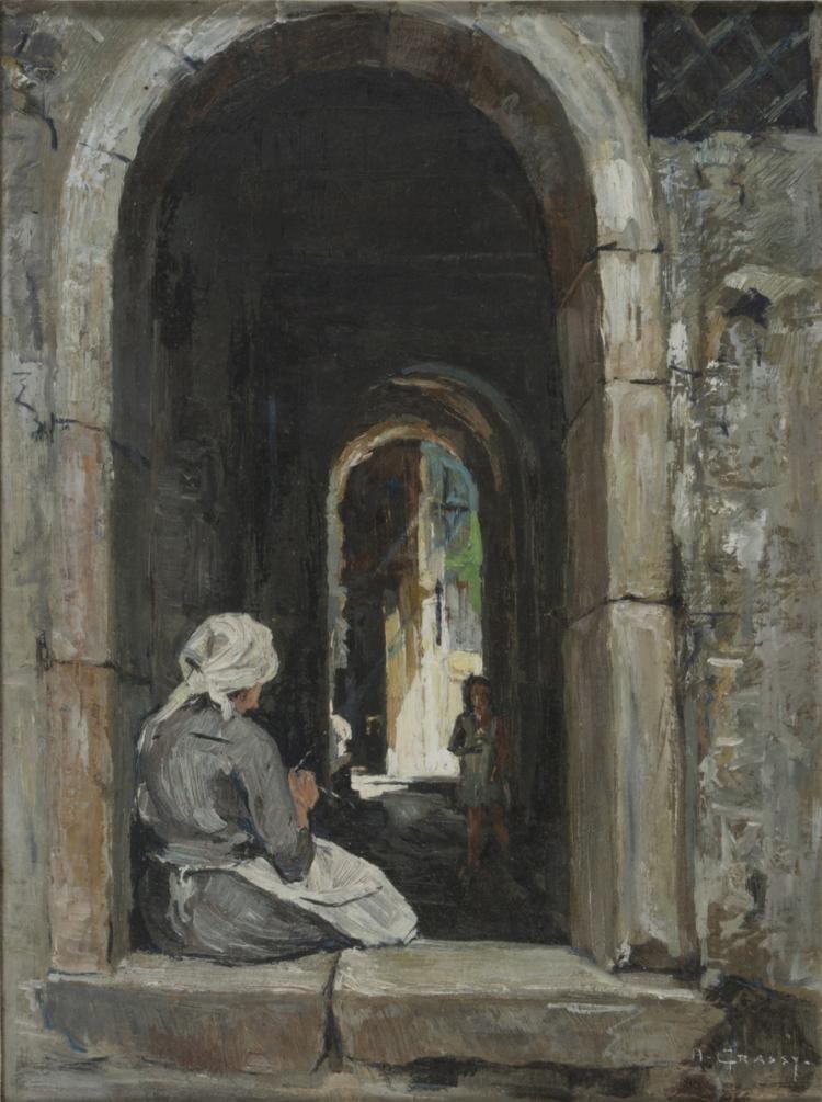 Alfonso (1918) Grassi comparable auction result: alfonso grassi avellino 1918 salerno 2002 sewing woman under the arcade