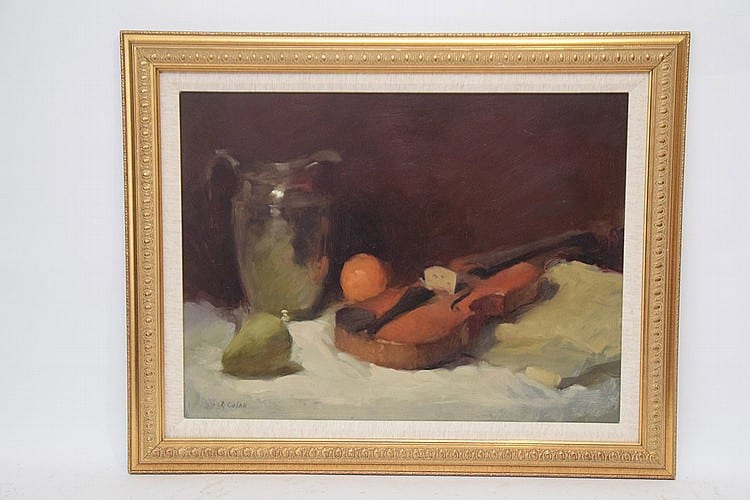 Rudolph Colao (American 1927 - 2014) Still Life, oil on board, Violin, canvas 18 x 24 inches sold by Bill Hood & Sons Arts & Antiques Auctions, lot 255 — auction record photograph