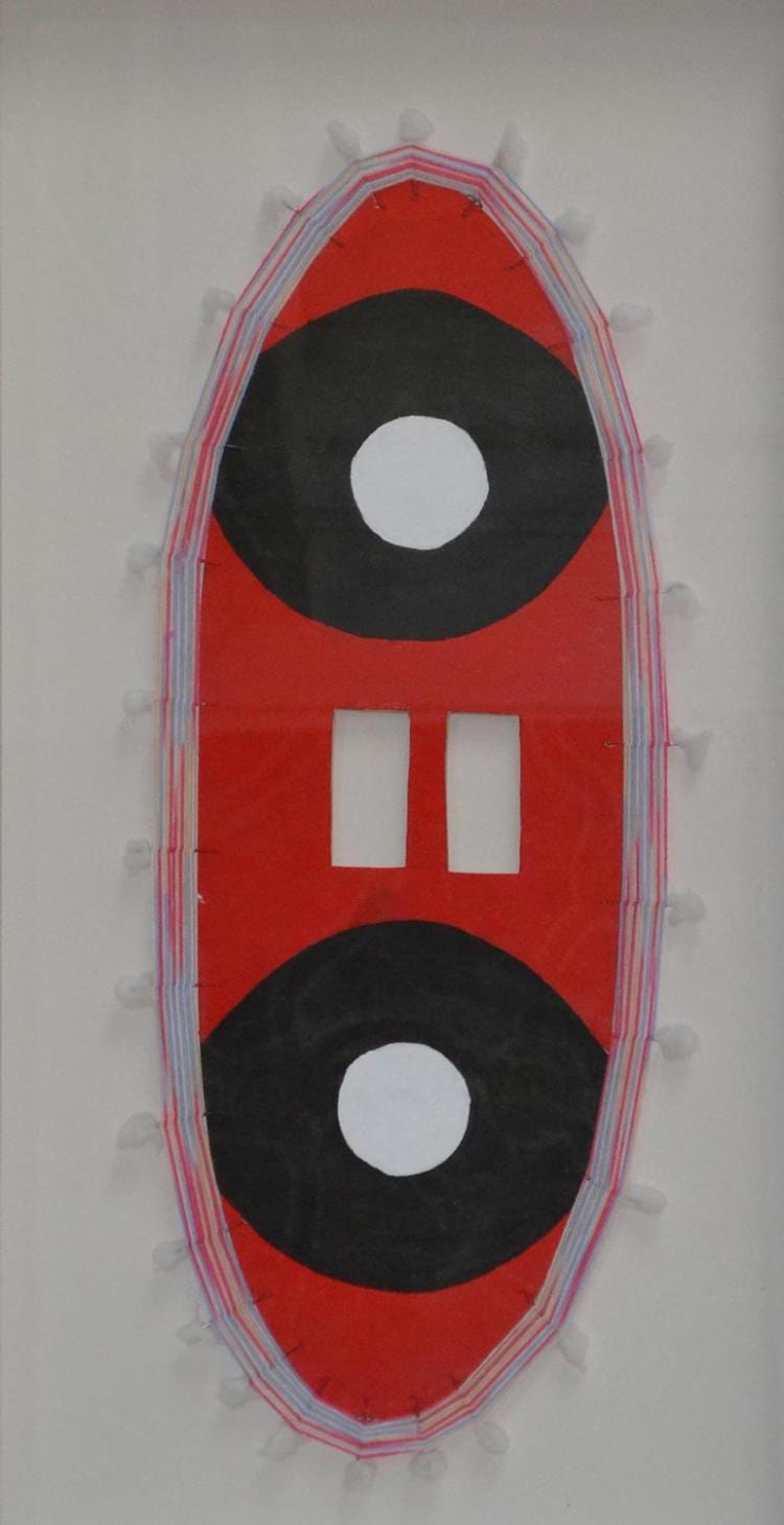 Roy Wiggan comparable auction result: roy wiggan shield acrylic plywood and cotton 67cm length