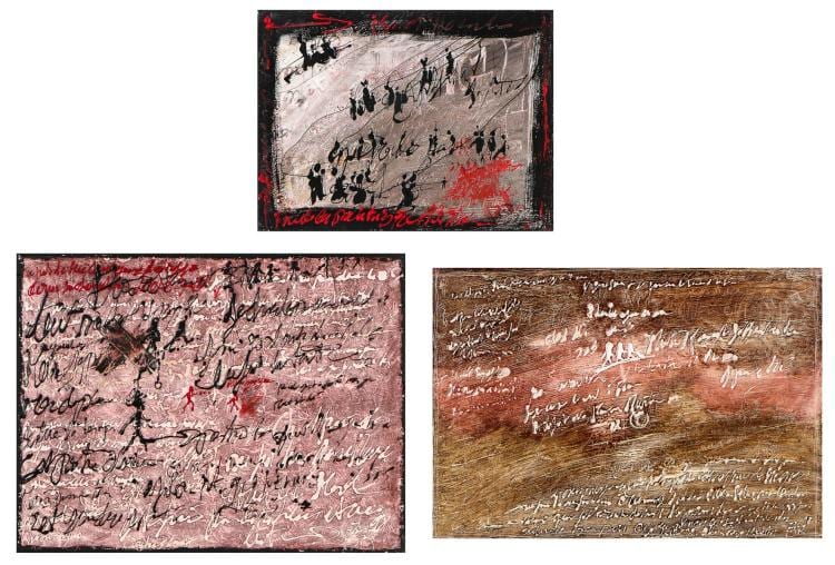 Gilles Rieu comparable auction result: gilles rieu b 1953 group of 3 mixed media paintings