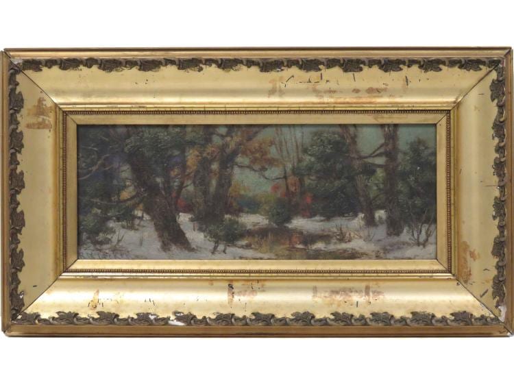 Robert Melvin Decker comparable auction result: robert m decker american 1847 1921 oil on canvas winter landscape signed 4 x 10 framed 7 3 4 x 13 3 4