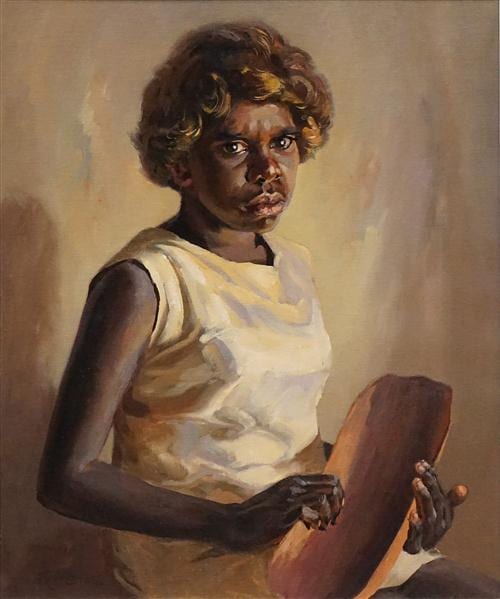 Reg Campbell comparable auction result: reg campbell 1923 2008 girl with nandy dish 60 x 50cm