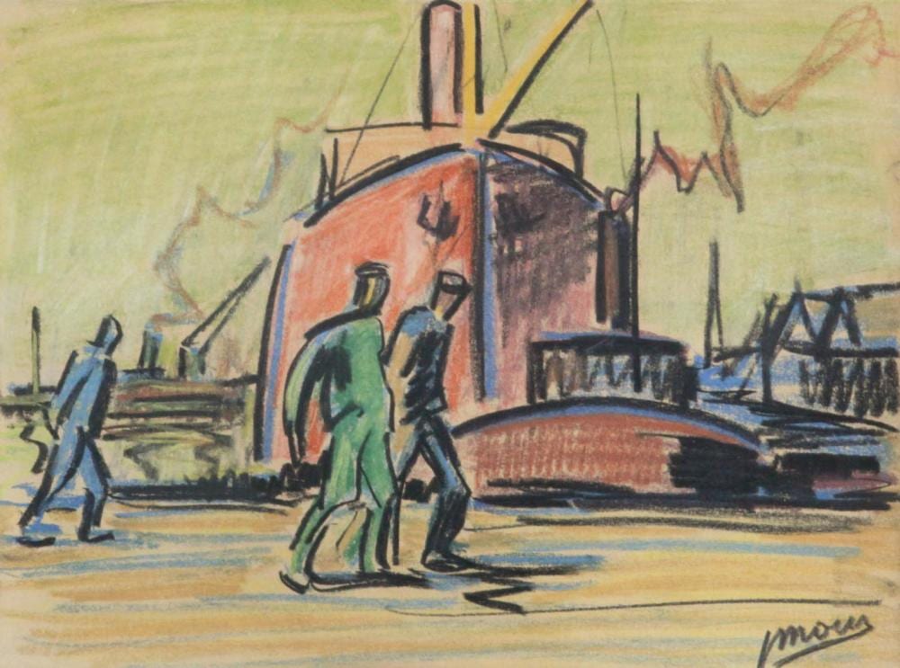 Joseph Mous comparable auction result: jos mous 1896 1968 dokwerkers aan het werk houtskool kleurpotlood getekend j mous in kader 260 x 350 mm