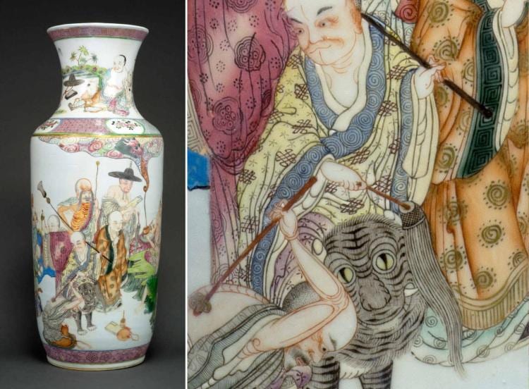 VASE ROULEAU A DECOR EMAILLE DANS LE STYLE DE LA "FAMILLE ROSE" DES DIX-HUIT LOHANS, TONGPING sold by Boisgirard-Antonini, lot 1025 — auction record photograph