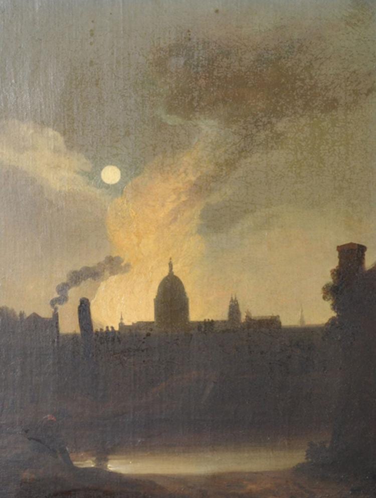 George Arnald comparable auction result: george arnald 1763 1841 british a fire in london oil on canvas signed and dated 1814 and signed and inscribed on reverse 18 x 14