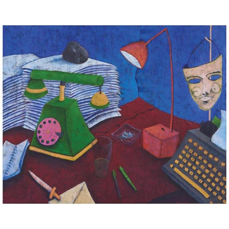 daniel wolf escritorio con m scaras signed acrylic on prepared canvas on paper 120 x 150 cm 47 2 x 59 inches · Morton Subastas · 2018-06-28 Daniel Wolf comparable auction result: daniel wolf escritorio con m scaras signed acrylic on prepared canvas on paper 120 x 150 cm 47 2 x 59 inches