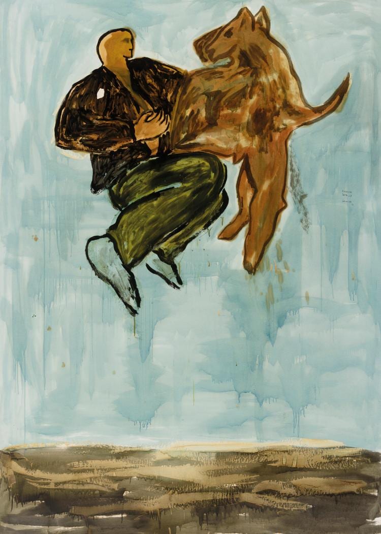 Miguel Galanda comparable auction result: miguel galanda 1951 funesta batalla tecnica mixta sobre papel de 200 x 140 cm titulada y fechada en 1990 con soporte de lienzo y bastidor