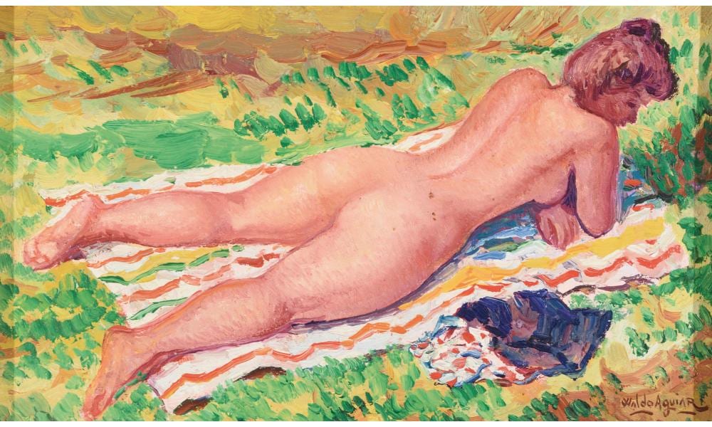 Waldo Aguiar y Carmona comparable auction result: waldo aguiar 1930 2000 desnudo en la playa leo sobre tabla de 22 x 36 cm firmado al dorso firmado titulado y fechado al dorso