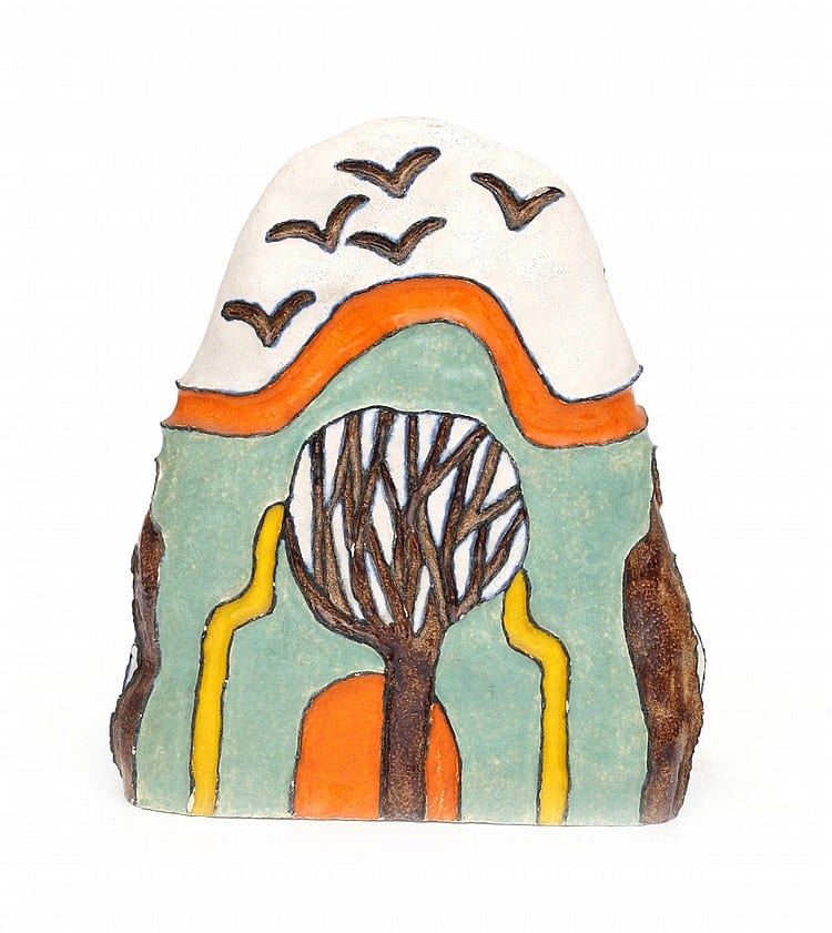 Maggi Giles comparable auction result: maggi giles 1938 a ceramic sculpture with a colourful pattern of trees and birds