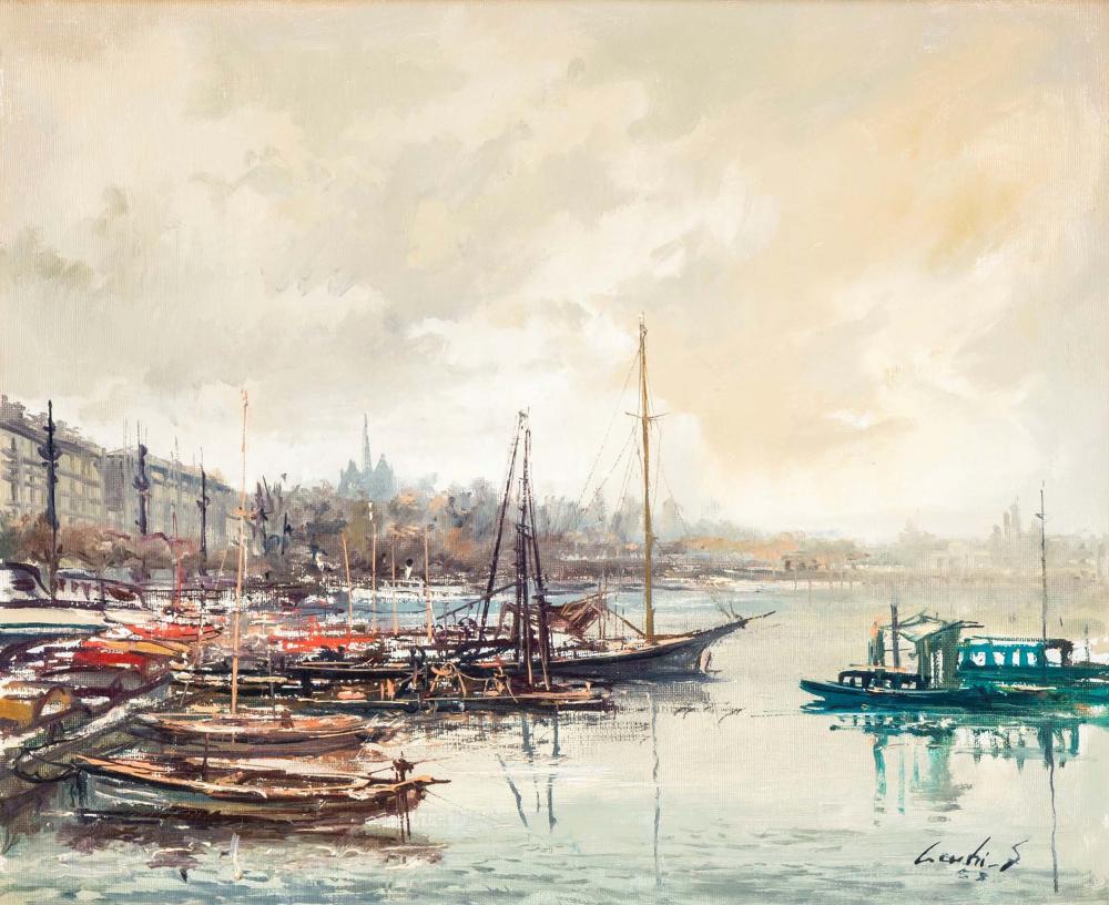 Sergio Cecchi comparable auction result: sergio cecchi 1921 1986 le port noir gen ve huile sur toile sign e et dat e 1958 38x46 cm
