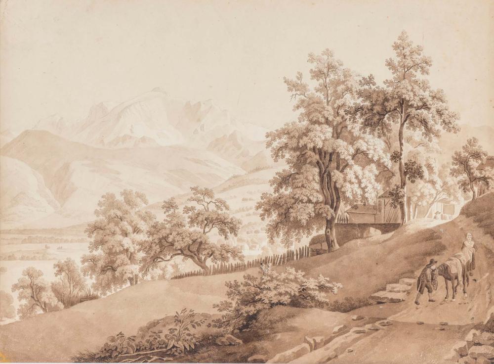 Pierre Louis de La Rive comparable auction result: pierre louis de la rive 1753 1817 le mont blanc vu depuis la vall e de l arve lavis et encre sur papier 31 5x43 cm vue