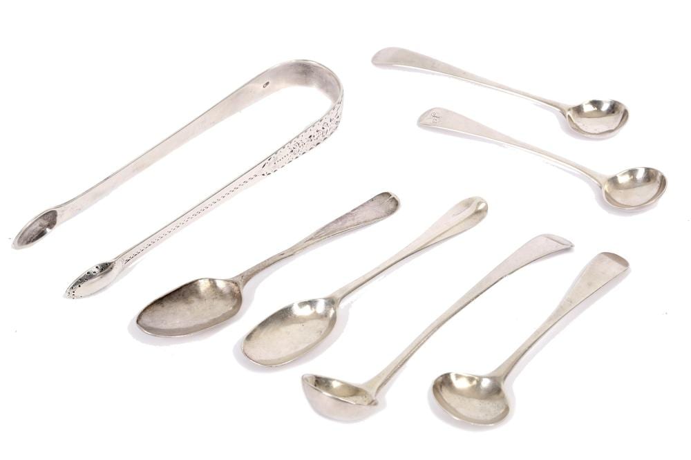 A mixed group of Georgian sterling silver flatware, comprising a George I Hanoverian pattern tea spoon circa 1725 initialled 'AS', a George II picture back Hanoverian pattern teaspoon London circa 1770 by Thomas Dealtry, a salt spoon in Old English pattern London 1785 by Hester Bateman, two further salt spoon by William Bateman and George Smith respectively, a George III Old English pattern mustard spoon / ladle London 1817 by John Kerschner; together with a bright cut pair of sugar tongs London 1791 by Thomas Wallis, weight 97g / 3.12ozt (Q) sold by Chiswick Auctions, lot 640 — auction record photograph
