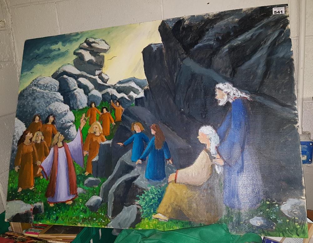 Cecil Riley comparable auction result: cecil riley 1917 201 oil on board the enlightened ones figures amongst rocks 76