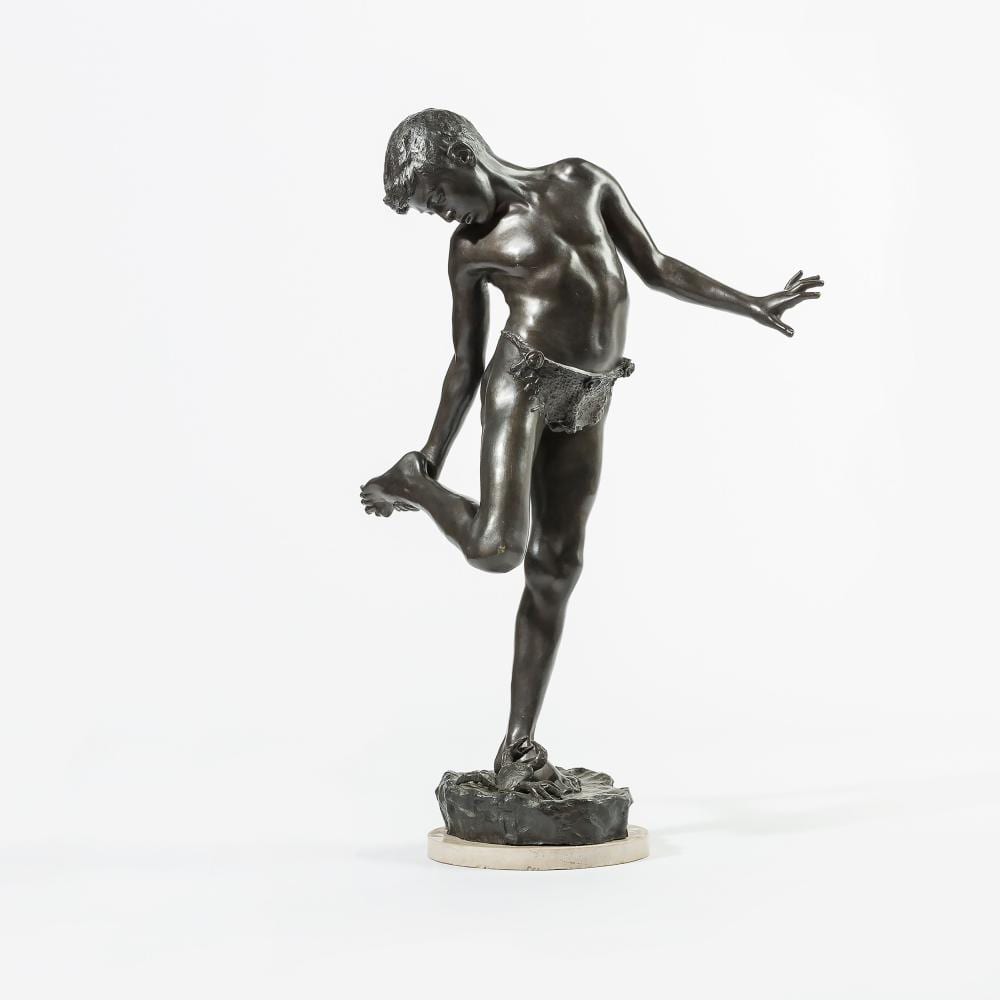 a bronze sculpture of a boy with a crab · AAG Auctioneers · 2018-07-02 Annibale DeLotto comparable auction result: a bronze sculpture of a boy with a crab