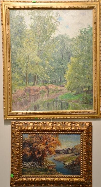 Two oil on canvas paintings to include Miles Jefferson Early, Fall Landscape with Stream, oil on canvas, marked lower right: Early 1... sold by Nadeau's Auction Gallery, lot 396 — auction record photograph