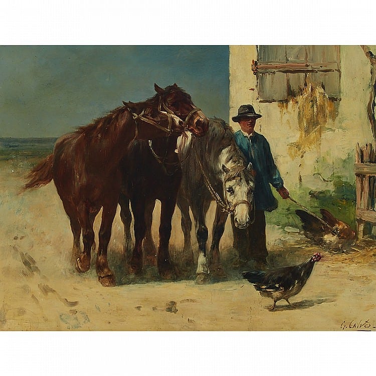 Leon Georges Calves comparable auction result: leon georges calves 1848 1924 farmer and his team of horses in a barnyard with chickens oil on panel signed lower right 12 5 x 16 in 31 8 x 40 6 cm