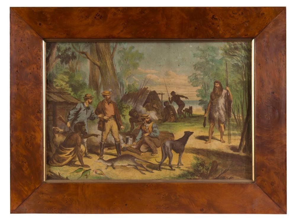 Samuel Calvert comparable auction result: samuel calvert 1828 1913 buckley discovering himself to the early settlers colour lithograph circa 1869 later huon pine frame