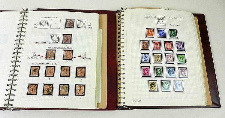 A collection of Victorian and later stamps in two burgundy stamp albums, fi sold by Batemans Auctioneers & Valuers, lot 658 — auction record photograph