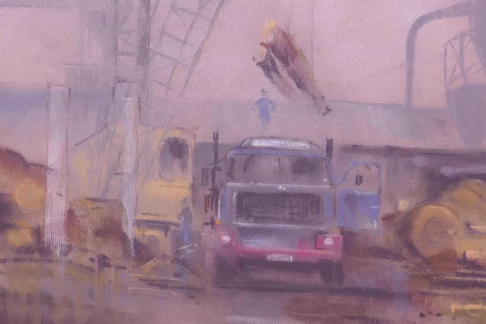 Derek Mynott comparable auction result: derek mynott pastel sketch of a timber yard together with another