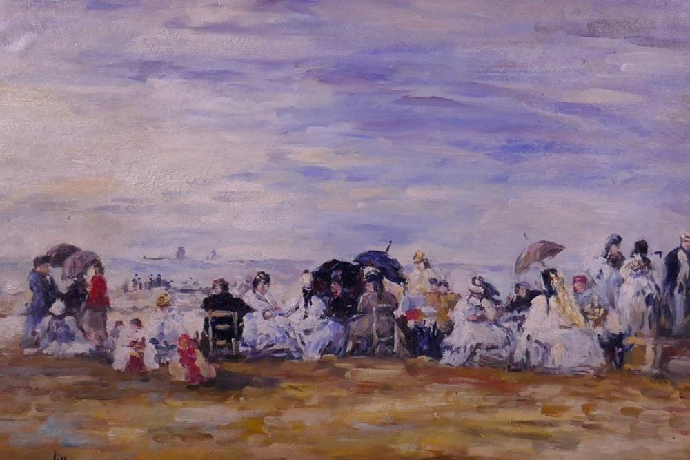 AFTER EUGENE BOUDIN, OIL ON CANVAS LAID ON BOARD, FAMILIES ON A BEACH, 22" X 16" sold by Crow's Auction Gallery Ltd, lot 898 — auction record photograph