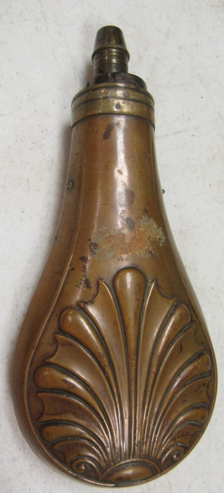 Vintage brass powder flask sold by Homestead Auctions, lot 15 — auction record photograph