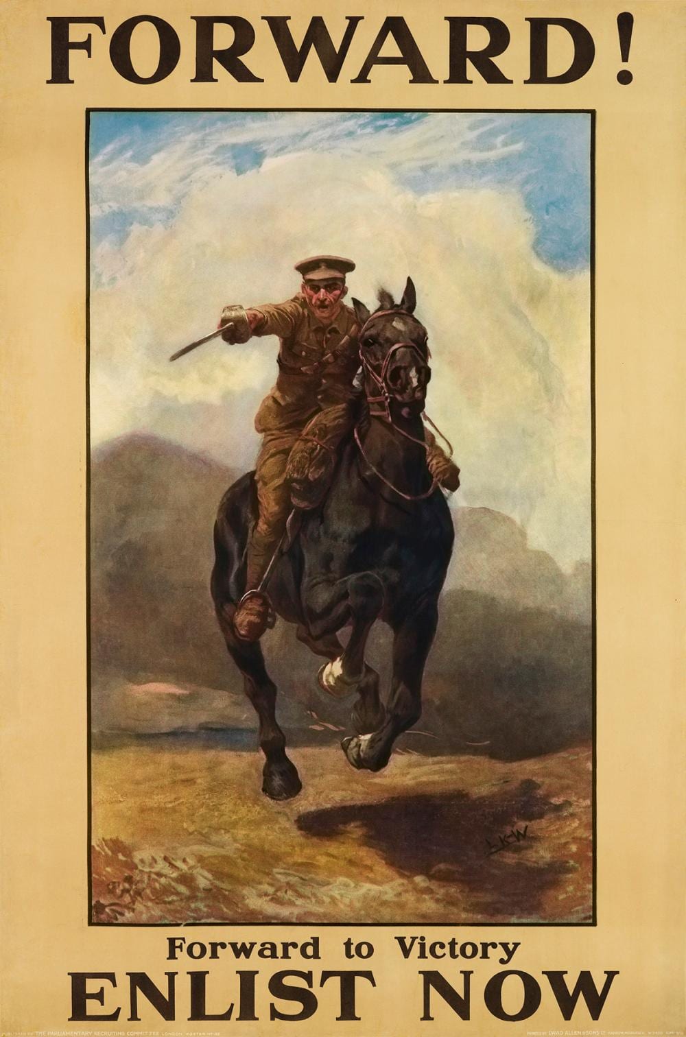 Lucy Kemp-Welch comparable auction result: lucy kemp welch 1869 1958 forward enlist now 1915 59x38 inches 150x98 cm david allen sons harrow