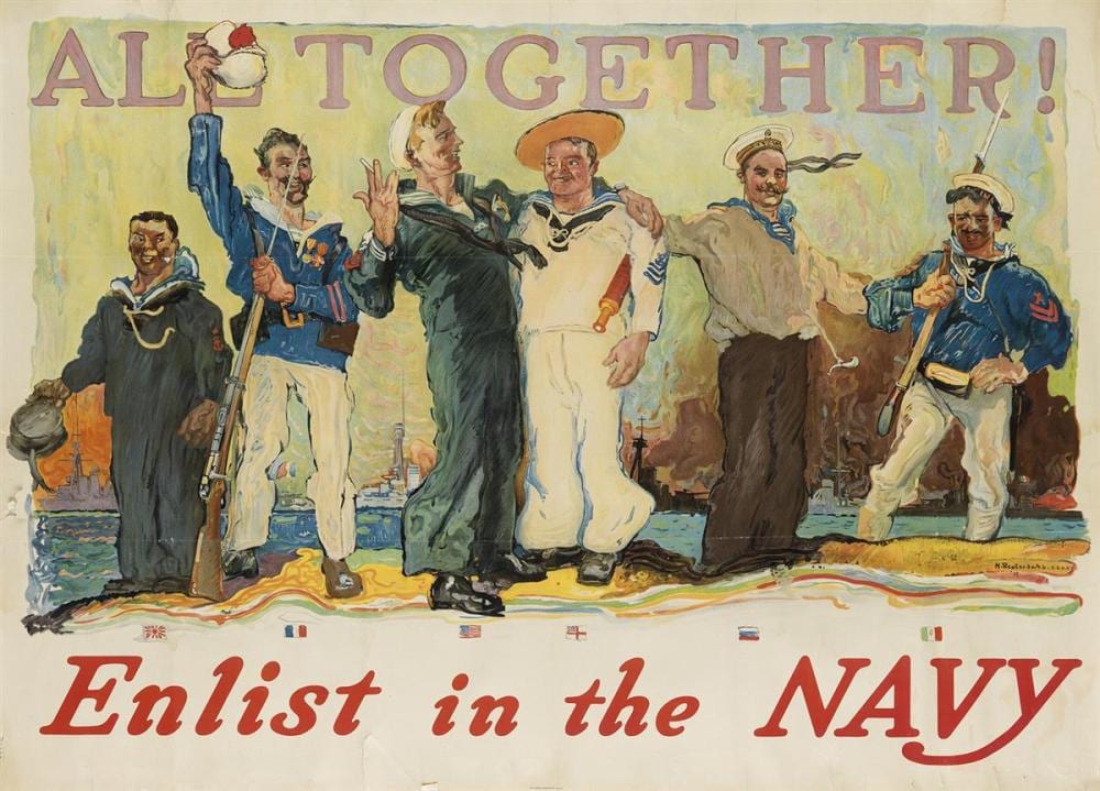 Henry Reuterdahl comparable auction result: henry reuterdahl 1871 1925 all together enlist in the navy group of 8 duplicate posters 1917 each 31x43 inches 80x109 cm