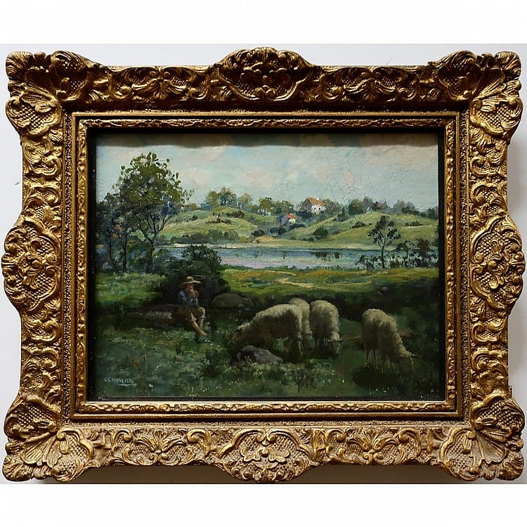 Charles Eugene Moss comparable auction result: charles eugene moss canadian 1860 1901 untitled young shepherd watching grazing sheep oil on cardboard signed and dated 1886 lower left sight 9 8 x 13 3