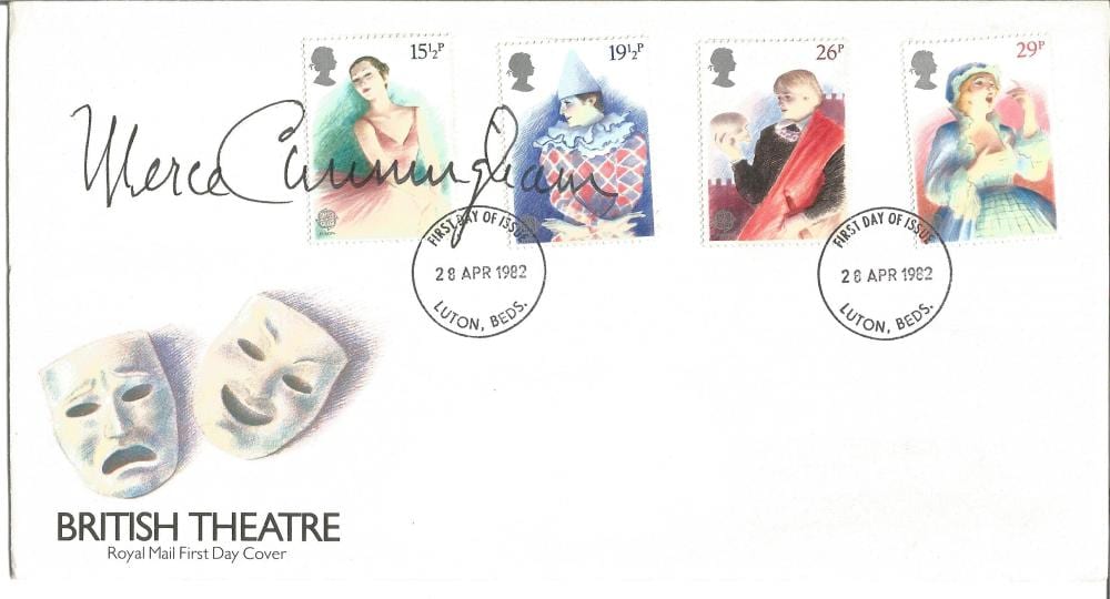 Merce Cunningham comparable auction result: merce cunningham signed british theatre fdc 28 4 82 luton fdi postmark good condition all
