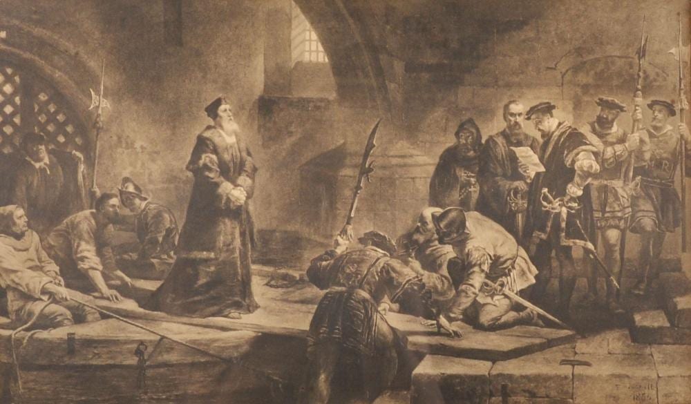 After Frederick Goodall (1822-1904) British. "Cranmer at Traitor's Gate", Print, 10.5" x 18". sold by John Nicholson's Fine Art Auctioneers & Valuers, lot 133 — auction record photograph