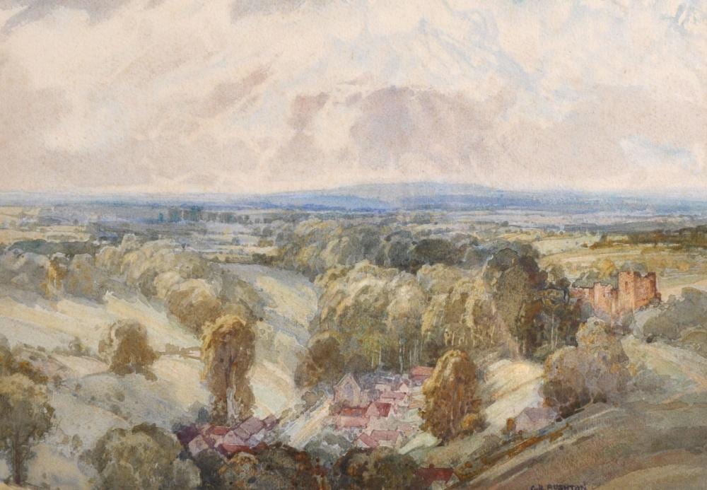 George Robert Rushton comparable auction result: george robert rushton 1969 1947 british an extensive landscape with a hamlet in the foreground and a castle on a hilltop watercolour signed 9 5 x 13 5