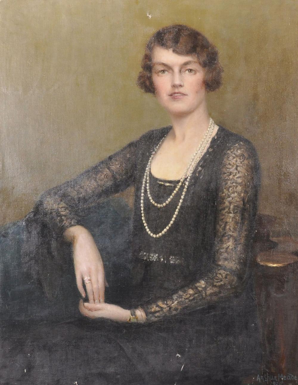 Arthur Meade comparable auction result: arthur meade 1863 1947 british portrait of a seated lady dressed in black wearing a pearl necklace oil on canvas signed and dated 1930 36 x 28
